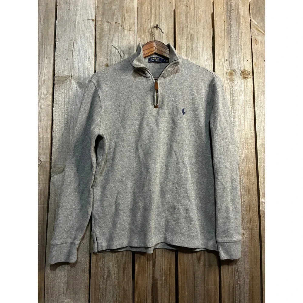 Polo Ralph Lauren Mens Heather Grey Quarter Zip Cotton Pullover Sweater Medium